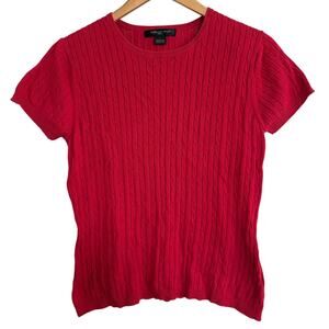 August Silk Vintage 90s Cable Knit Cotton Red Sweater Short Sleeve Crewneck-XS/S